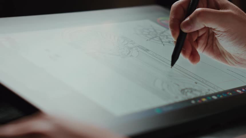 An illustrator carefully creates a complex line art design using a modern drawing tablet and pen