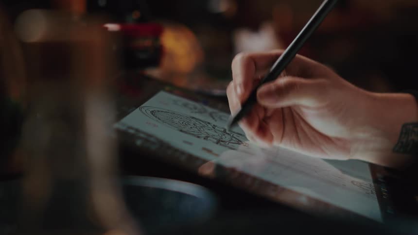 A close-up of a designer's hand with a tattoo sketching an intricate design on a digital drawing tablet with a stylus