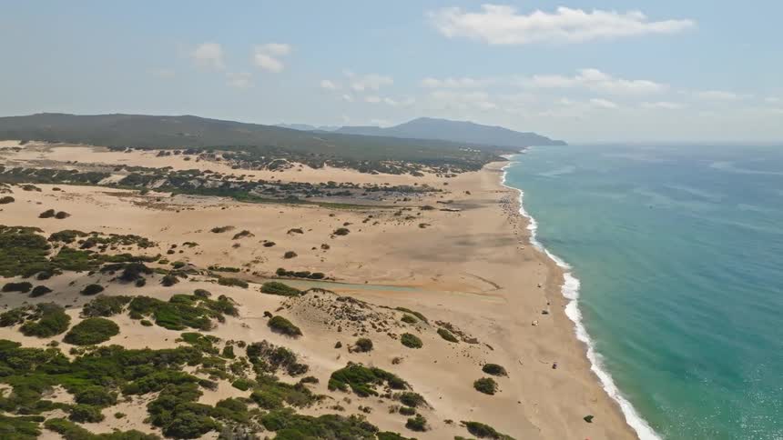 A stunning aerial view flying over a vast, sandy coastline with dunes and a turquoise ocean on a sunny day