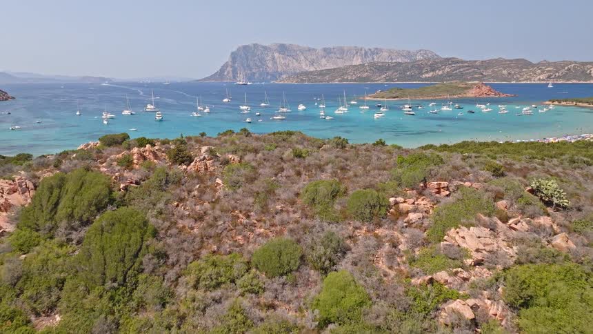 Aerial view flying over a lush green coastline to reveal a picturesque turquoise bay filled with boats and a sandy beach in Sardinia