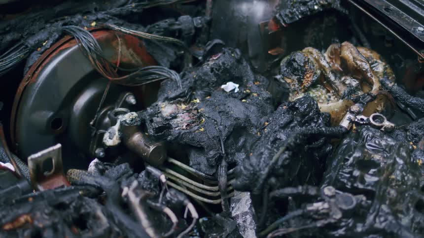Melted plastic and charred metal parts inside the engine bay of a burnt-out car