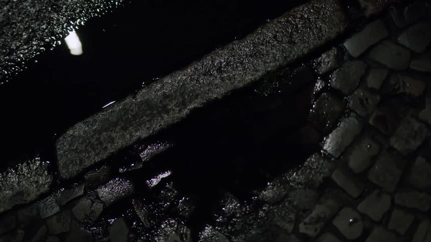 Light reflects in a dark puddle on a wet cobblestone street at night as rain gently falls