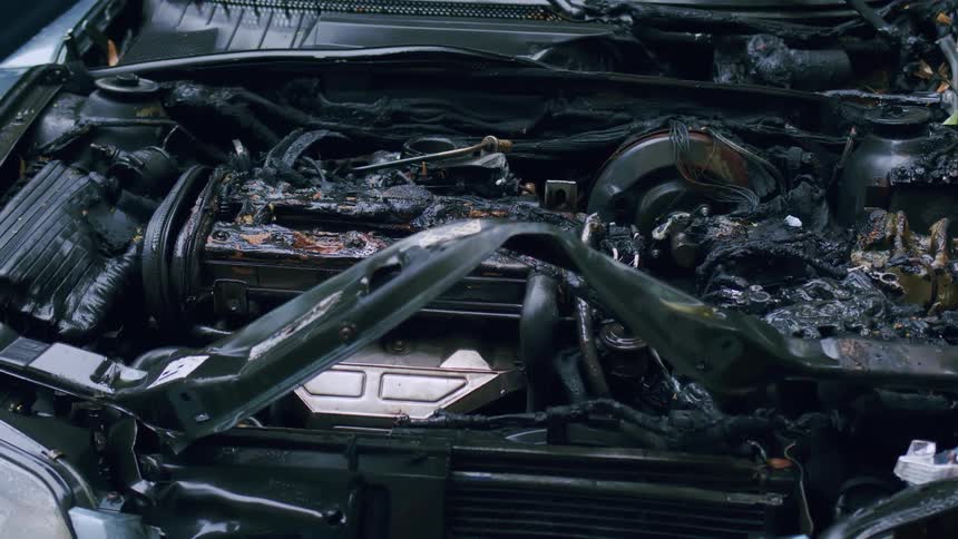 A close-up view of a completely burnt and destroyed car engine after a devastating fire