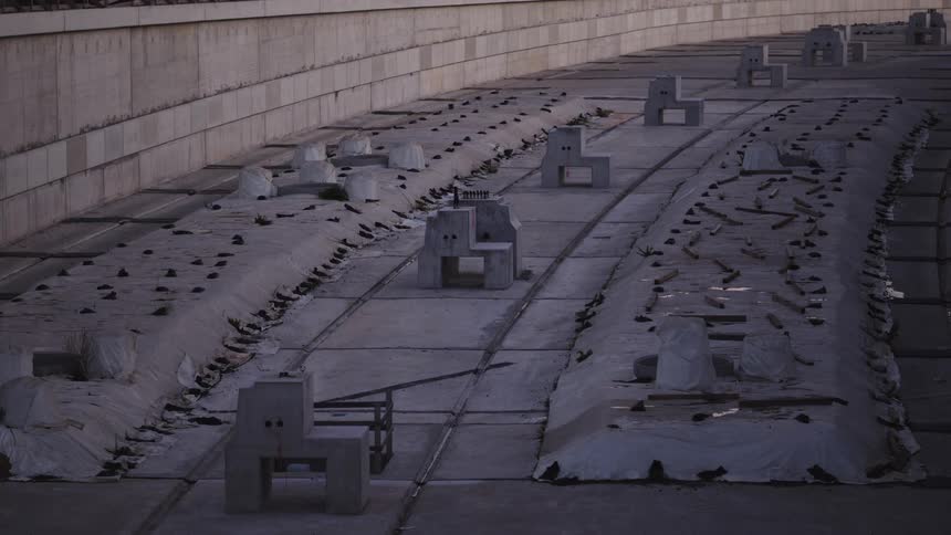 A surreal, abandoned concrete landscape features unusual, face-like sculptures arranged in silent rows