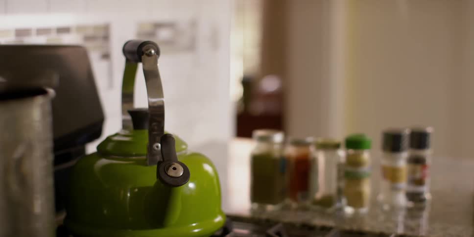 A tea kettle steams on a stovetop