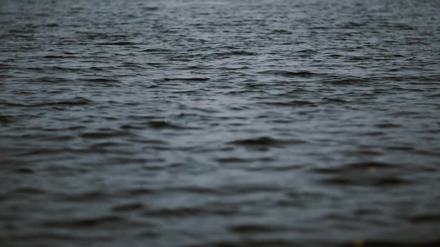 Rain gently falls on the dark, rippling surface of the water on a gloomy day
