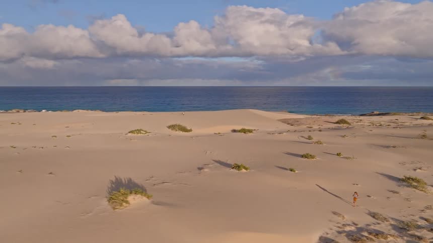 A woman in a beautiful dress walks through a vast desert of sand dunes with the ocean on the horizon as the sun sets