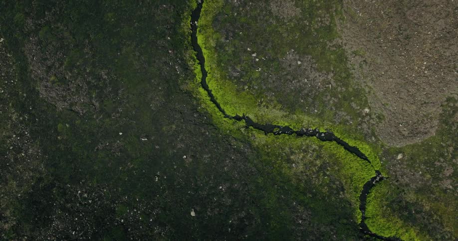 A top-down aerial view of a small, dark stream with vibrant green moss on its banks winding through a dark, rocky landscape