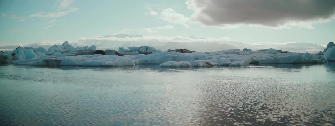 A seal emerges from the calm waters of an icy lagoon to rest on a floating glacier under a cloudy sky