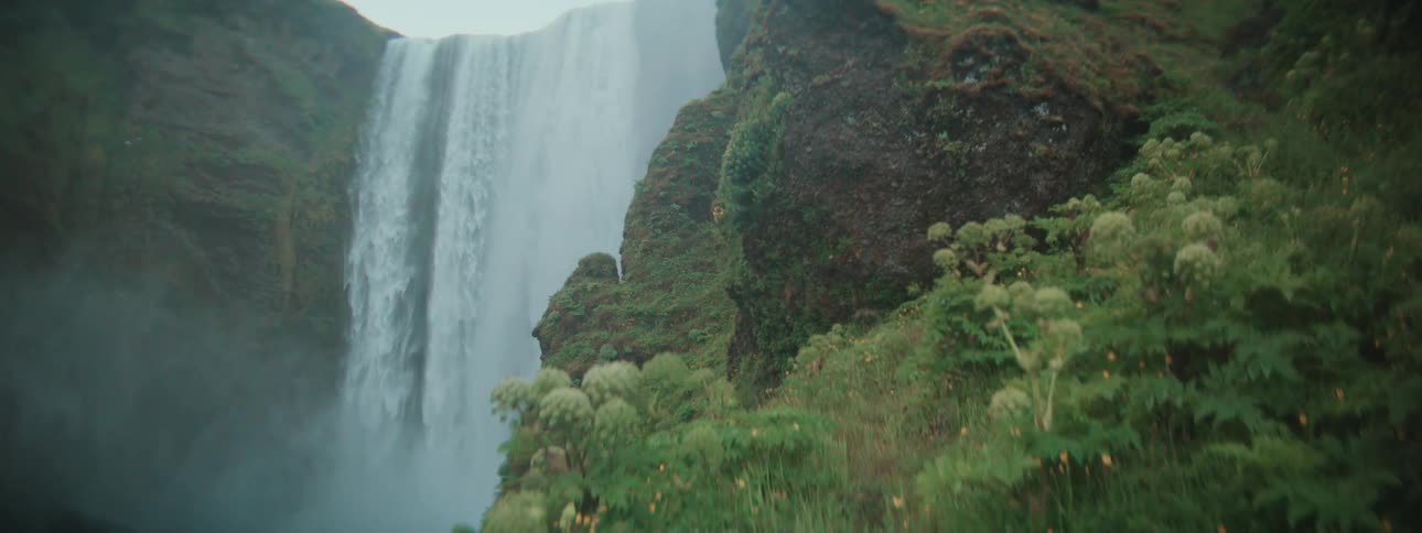 A powerful waterfall cascades down a mossy green cliff with lush vegetation in the foreground