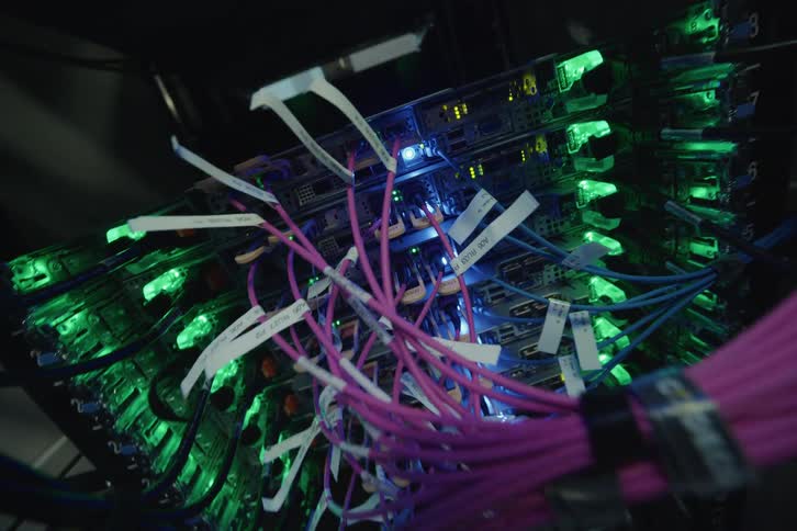 A low-angle pullback reveals a complex network of labeled cables connected to a server rack with blinking green and blue lights