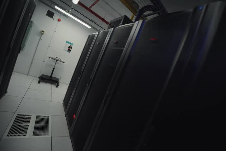 A slow, tilted push-in shot down a corridor of glowing server racks in a modern, secure data center