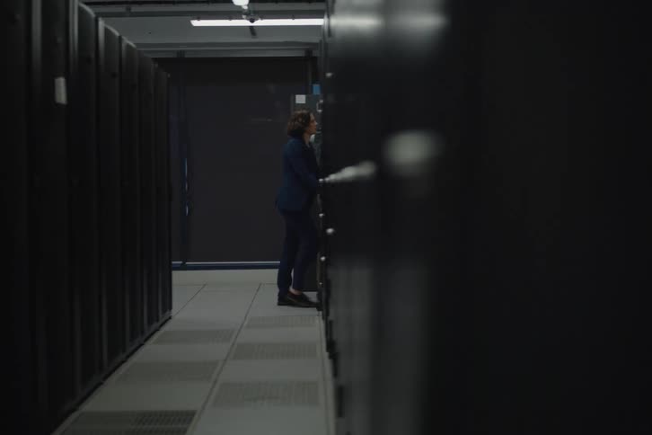 Two IT professionals walk down a dark aisle between server racks in a data center, discussing the systems