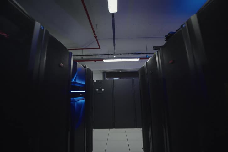 A slow camera tilt up a dark aisle between working server racks in a modern data center