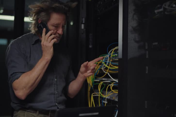 A stressed IT professional with wind-blown hair talks on the phone while troubleshooting a complex server rack issue in a data center