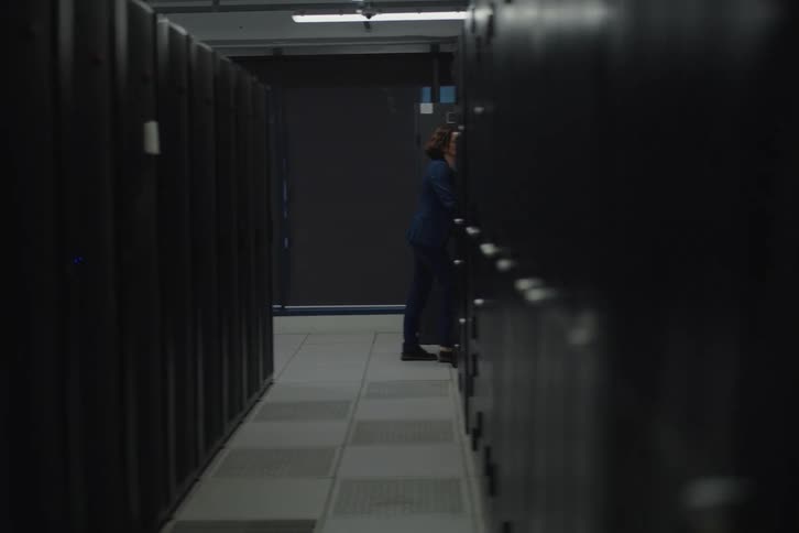 An IT technician wheels a mobile laptop stand down an aisle of a large, modern data center, performing system checks