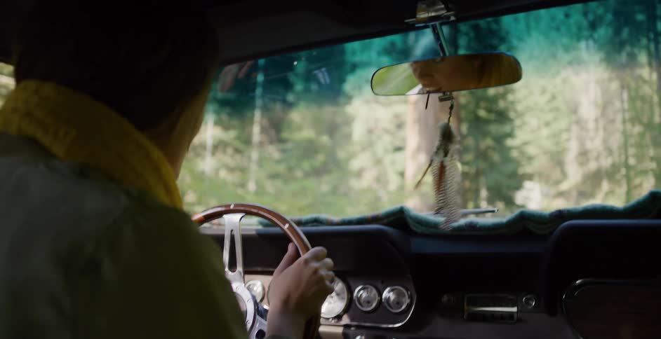 Interior view from the backseat as a woman drives a classic muscle car through a lush, green forest