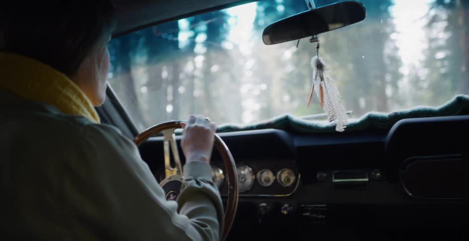 A cinematic over-the-shoulder shot captures a woman driving a vintage car through a sunlit forest