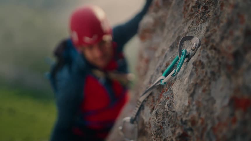 A focused rock climber wearing a helmet attaches his safety rope to a carabiner on a steep mountain face