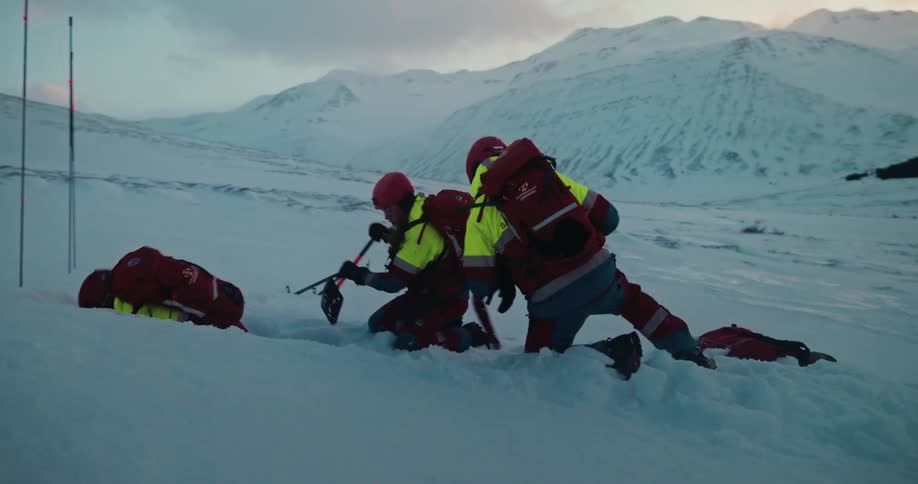 A mountain rescue team digs in the snow with shovels and probes during a search and rescue operation in a vast, frozen landscape