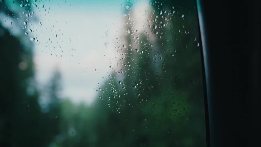 A close-up shot of raindrops on a window with a soft-focus view of green trees in the background