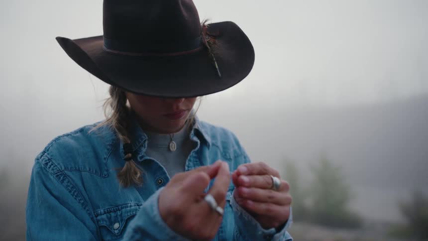 A woman in a cowboy hat carefully ties a fishing lure onto her line in the early morning fog