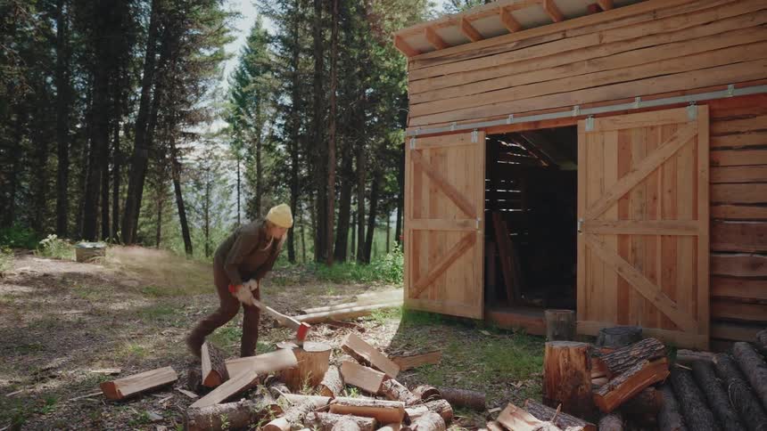 A strong woman skillfully splits a log with an axe in slow motion outside her rustic forest shed