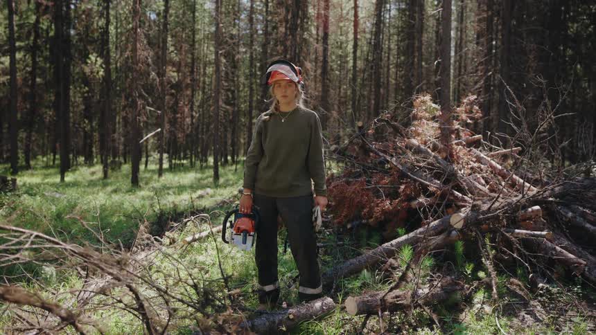 Portrait of a strong young woman with a chainsaw, pausing from her work clearing brush in a sunlit pine forest