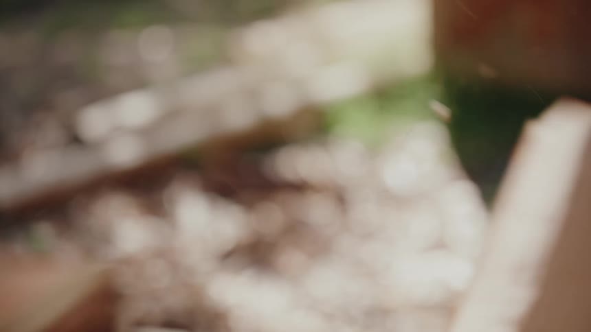 An axe splits a wooden stump in half in a dramatic slow-motion close-up