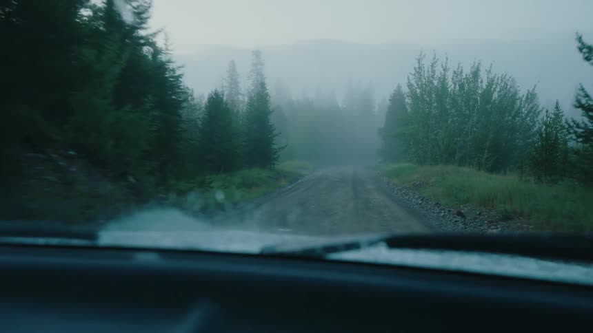A slow-moving car drives down a wet dirt road through a moody, fog-filled evergreen forest