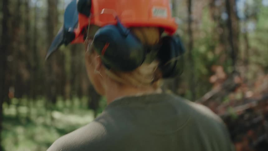 A logger wearing an orange hard hat and protective earmuffs walks through a sunlit forest