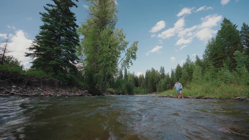 Cinemagraph of a person casting a line while fly fishing in a beautiful, forested river