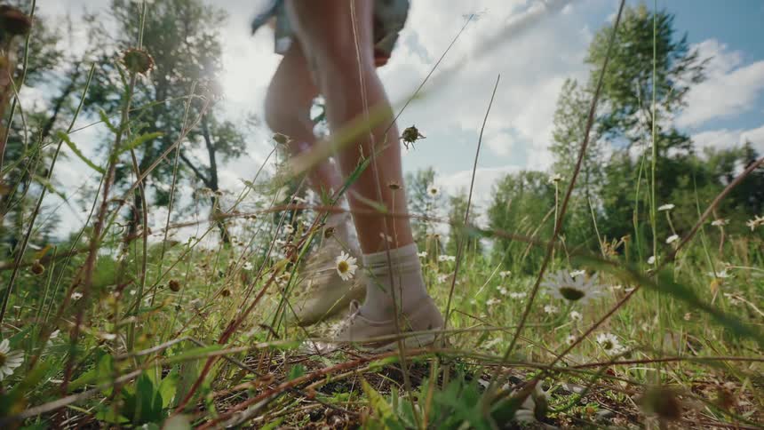 A low-angle ground view captures a person's legs walking through a sunny field of daisies and other wildflowers