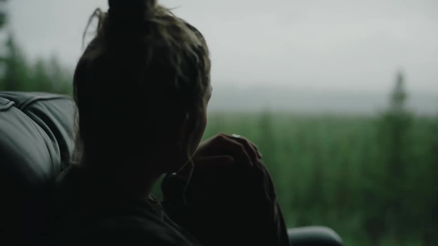 A rack focus from a moody, foggy evergreen forest to a contemplative woman sitting in silhouette in a chair