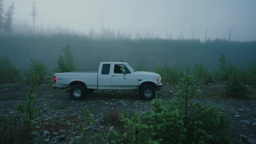 A white pickup truck pulls up and stops on a dirt road in a remote, foggy forest setting