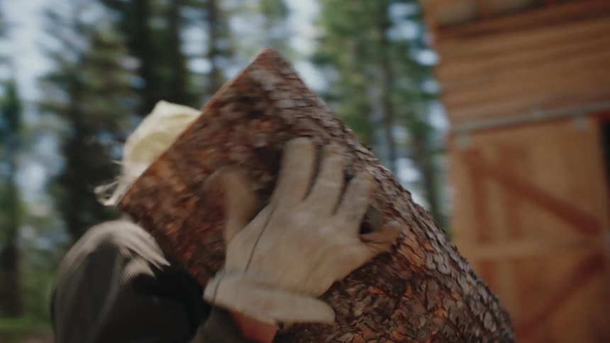 A woman in a yellow beanie and work gloves carries a heavy log to a chopping stump in the forest