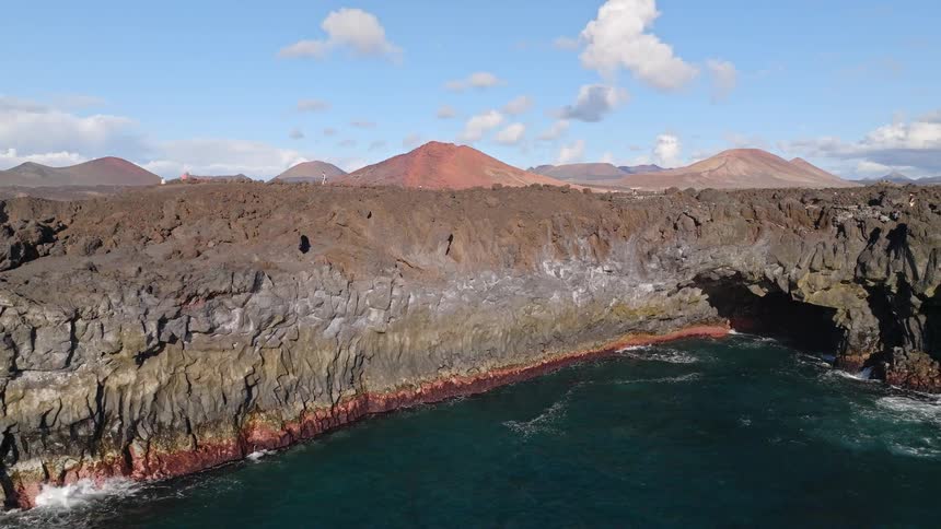 A slow aerial pullback reveals a stunning volcanic landscape with textured basalt cliffs, turquoise water, and distant red mountains