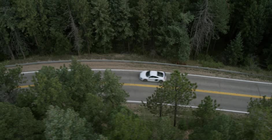 A car drives on a road in the woods