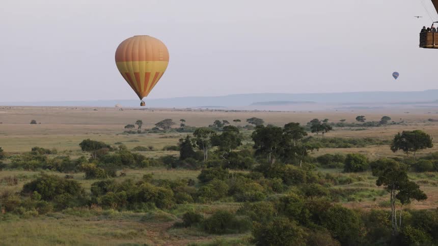 Scenic view from a hot air balloon floating over the vast African savanna with other balloons in the distance