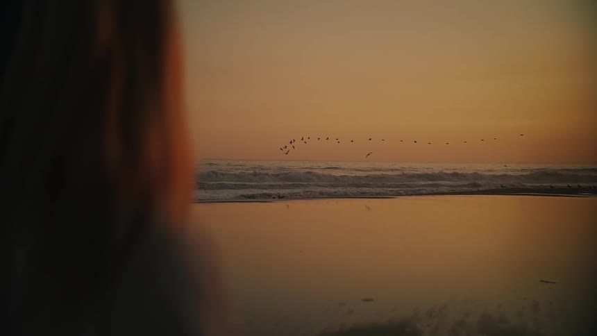 A woman watches birds fly over the ocean at sunset and walks down a massive sand dune overlooking a modern coastal city