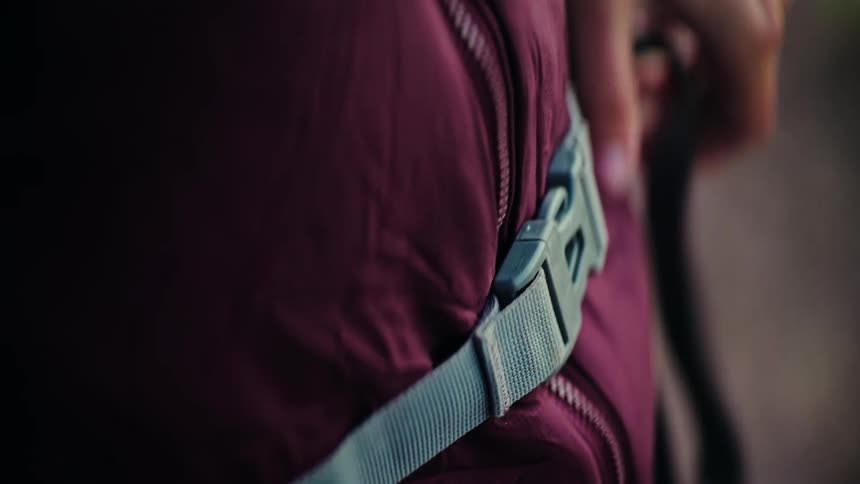 A close-up slow-motion shot of a person fastening the buckle on a maroon fanny pack