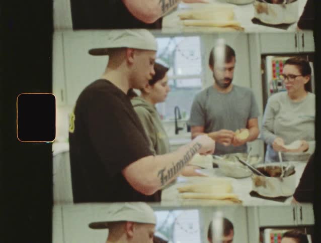 A group of people gather in a kitchen to prepare homemade tamales, captured on vintage film with a unique multi-frame effect