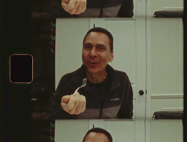 Vintage Super 8 multi-frame footage of a happy man savoring a slice of delicious cake
