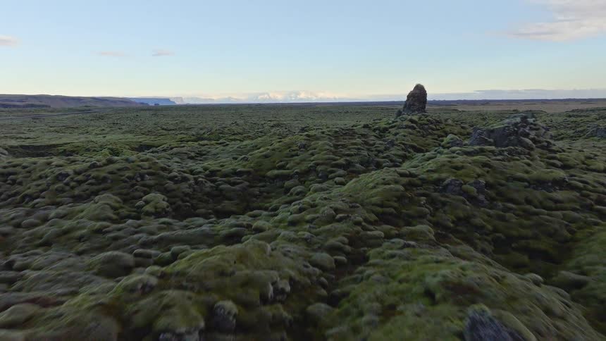 An epic drone flight over the otherworldly green moss covering a vast lava field in Southern Iceland