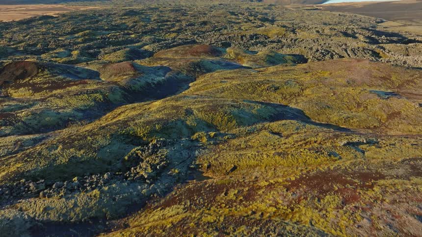 An aerial view flies over a vast, moss-covered volcanic lava field in Iceland, revealing majestic mountains and a serene lake in the distance