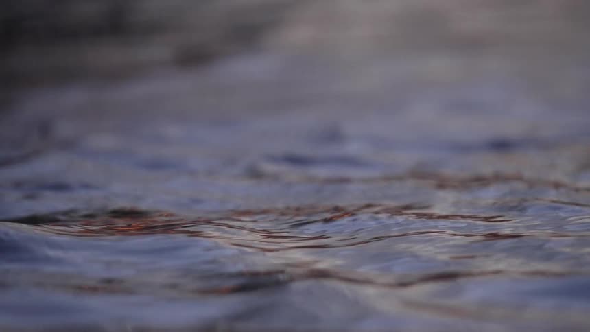 A mesmerizing close-up slow-motion view of gentle ripples moving across the surface of calm water at dusk