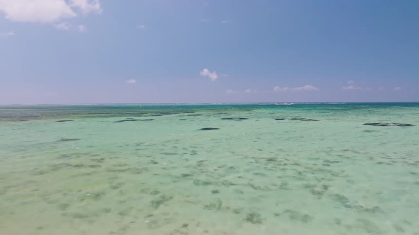 A slow aerial reveal of a stunning tropical paradise, moving from a shady beach out over the crystal-clear turquoise ocean