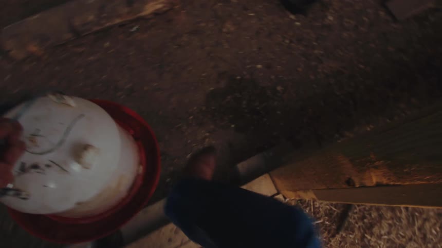 First-person view of a farmer delivering fresh water to the chicken coop in slow motion