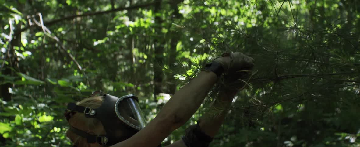 A woman wearing a respirator mask ties a string around a tree branch