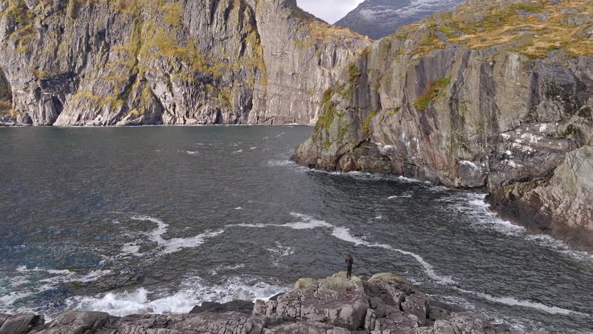 An aerial shot slowly pulls back to reveal a person with a dog standing on a dramatic rocky coastline, gazing at a stunning fjord surrounded by immense cliffs and snow-capped mountains